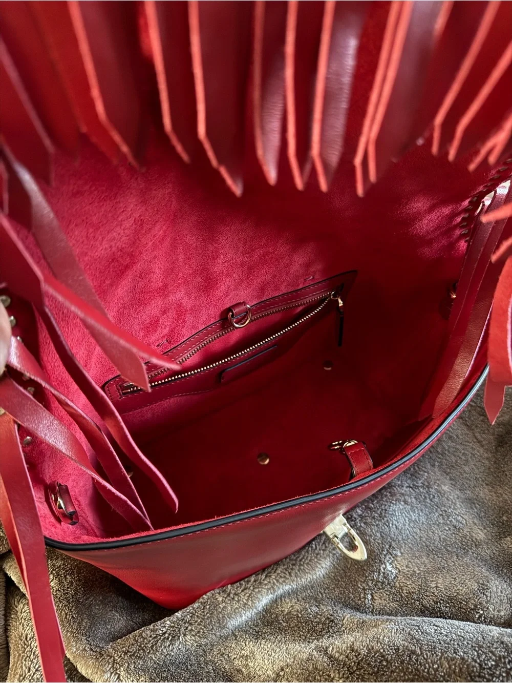 Valentino Garavani Rockstud Red Medium Tote Bag Fringe Turn Lock Strap